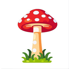 Cute Cartoon Mushroom Illustration - Red Toadstool with White Spots in Green Grass - Nature Inspired Art for Children and Fantasy Themes