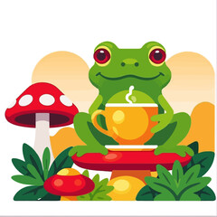 Fototapeta premium Cute Frog Illustration-Smiling Green Frog with Coffee Cup-Mushroom Meadow Scene-Whimsical Cartoon Frog Art-Adorable Amphibian Graphic-Ideal for Children's Designs