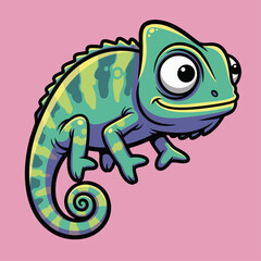 Colorful chameleon with large eyes and vibrant patterns in a playful design