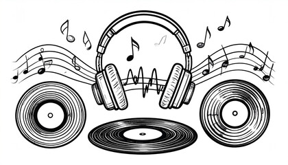 Over-ear headphones rest atop three vinyl records, musical notes flow around, a hand-drawn sketch suggesting audio enjoyment and vintage music technology