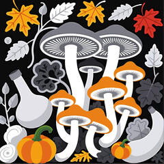 Fall Harvest Illustration with Mushrooms Pumpkins and Autumn Leaves-Whimsical Fall Art-Seasonal Decor Image-Perfect for Thanksgiving and Halloween themes