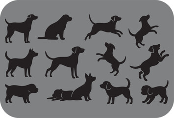 Fototapeta premium Various Dog Silhouettes in Different Poses on a Gray Background collection black silhouette dog shapes various poses including standing sitting and jumping