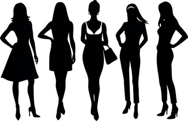 Black and white silhouette image of five women in various poses