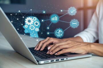 Hands typing on laptop with digital brain and data icons