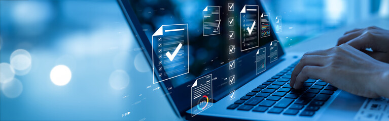 Fototapeta na wymiar Document management concept, check electronic documents on digital documents on virtual screen Document Management System and process automation to efficiently document paperless operate