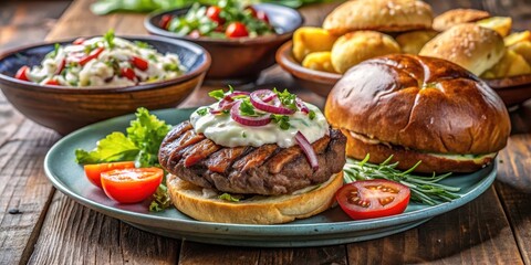 Closeup of Serbian pljeskavica served with Balkan style side dishes