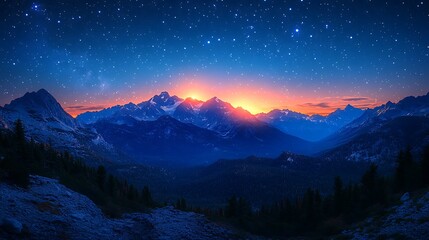 Mountains sunrise starry sky