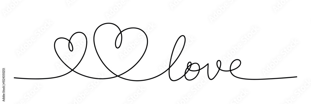 Poster continuous line drawing of the word love with two hearts representing affection romance and connecti