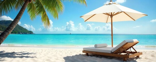 Relaxing beach scene with comfortable beach beds under a large umbrella offering shade and comfort on a sunny day Perfect for summer vacation, travel, and relaxation themes , calm, resort