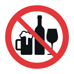 Prohibition Sign Featuring Beer Mug Wine Bottle and Wine Glass with a Red Circle and Slash Indicating No Alcohol Allowed red prohibition