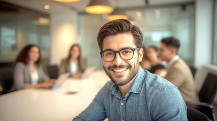 Fototapeta premium Happy group of businesspeople during presentation, group of diverse professionals smiling and collaborating in a modern office meeting room, with a focus on a charismatic man in the foreground
