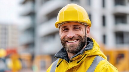 Smiling Construction Worker in Yellow Hard Hat at Building Site