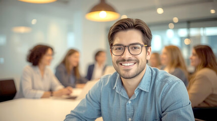 Obraz premium Happy group of businesspeople during presentation, group of diverse professionals smiling and collaborating in a modern office meeting room, with a focus on a charismatic man in the foreground