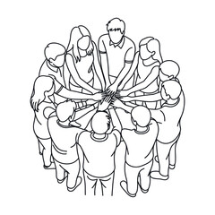 Line Art Illustration of Diverse People Joining Hands in Unity and Collaboration Forming a Circle for Teamwork and Shared Goals black white