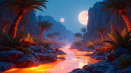 lush canyon landscape at dusk,  gold glowing river, palm trees, moonlit sky