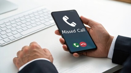 Missed call notification on a smartphone held in hand