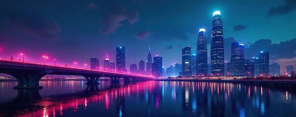 Fototapeta premium Futuristic cityscape at night, towering skyscrapers with vibrant neon lights reflecting on sleek, modern architecture , glowing lights, technological advancement