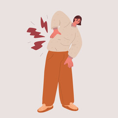 Cartoon vector illustration of woman with lower back pain, health and discomfort concept