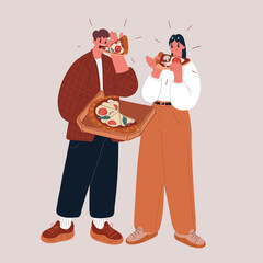Cartoon vector illustration of couple eating pizza together
