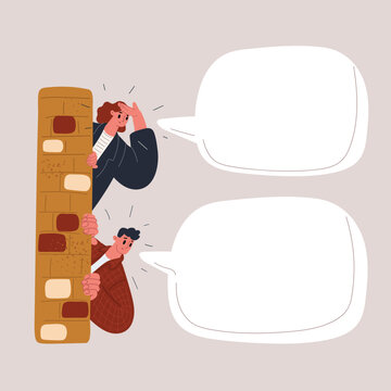 Cartoon vector illustration of two people spying from both sides of a wall with empty speech bubble as concept of secrecy and curiosity