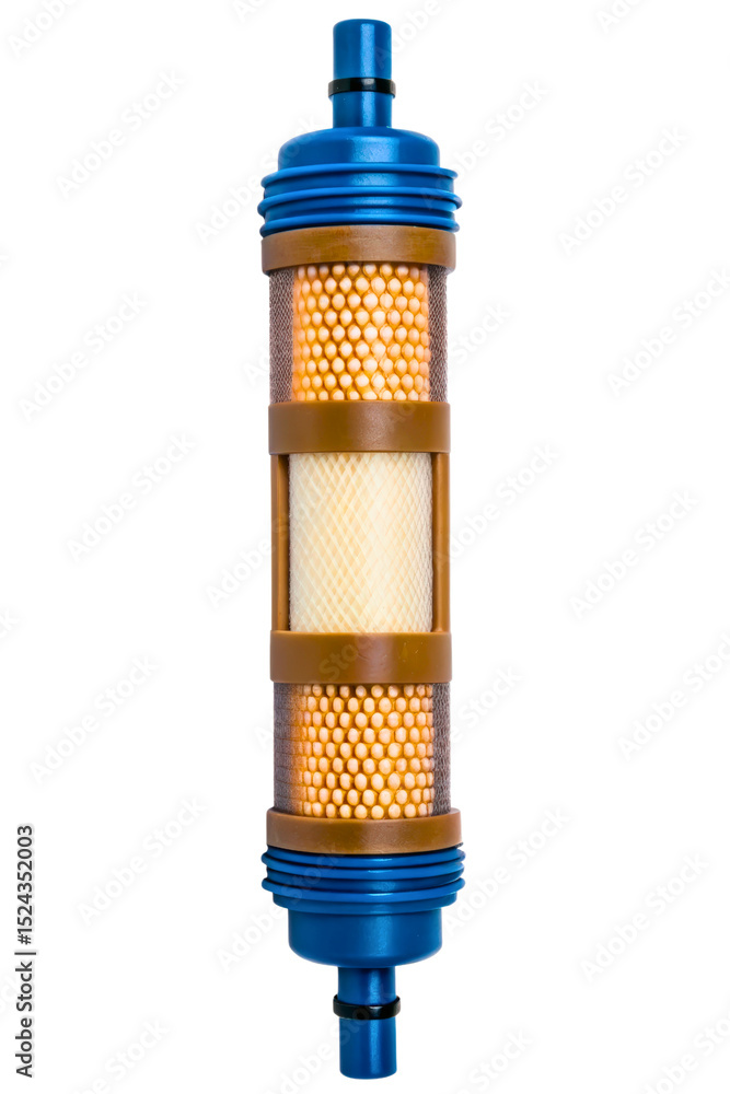 Poster advanced water filter cartridge with a blue and orange design isolated with transparent background