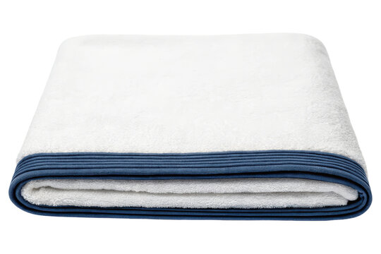 Soft white towel folded neatly with blue trim for relaxation isolated with transparent background