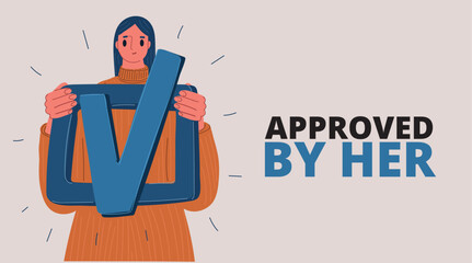 Cartoon vector illustration of a woman confirming a completed task with a check mark