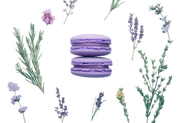 Purple Macarons with Lavender and Botanical Elements on a Transparent Background