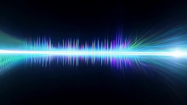 Dynamic colorful audio waveform visualization displaying sound frequency spectrum with vibrant blue purple and green colors creating rhythmic pattern on dark background