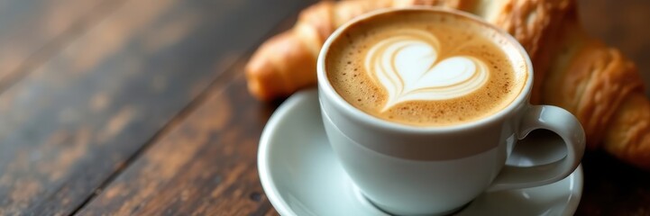 Obraz premium Close-up of coffee with heart design, croissant beside it, foam, white
