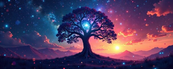 Cosmic backdrop, Kabbalah Tree of Life silhouette , belief, knowledge, night