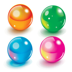 Glass ball sphere color vector realistic set graphic 3d illustration, red yellow round shiny glossy magic crystal, light glow circle game orb green blue purple orange, transparent drop button image