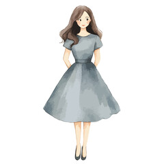Watercolor illustration of a woman in a grey dress with hands in pockets