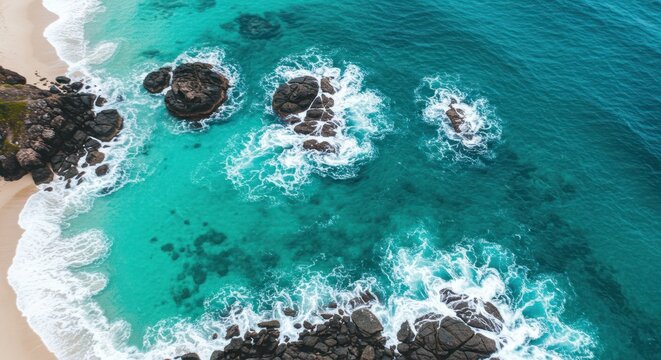Turquoise waters crashing on rugged rocks