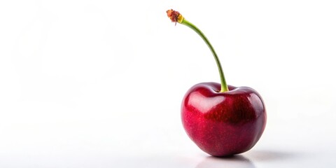 Single ripe red cherry on a white background, red cherry, red color, red cherry, red color