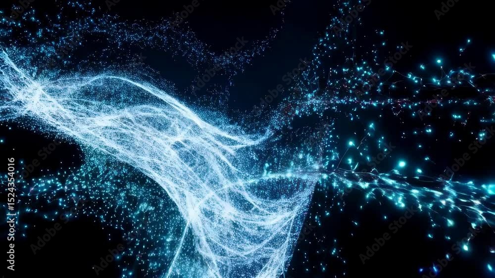 Poster dynamic swirling blue particles creating a vortex in a dark space