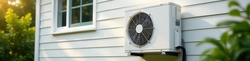 White air source heat pump mounted on house siding,  building,  sustainable,  wall