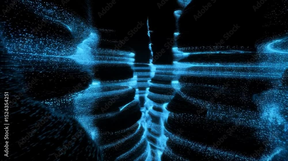 Aufkleber dynamic blue particle waves creating futuristic abstract digital landscape