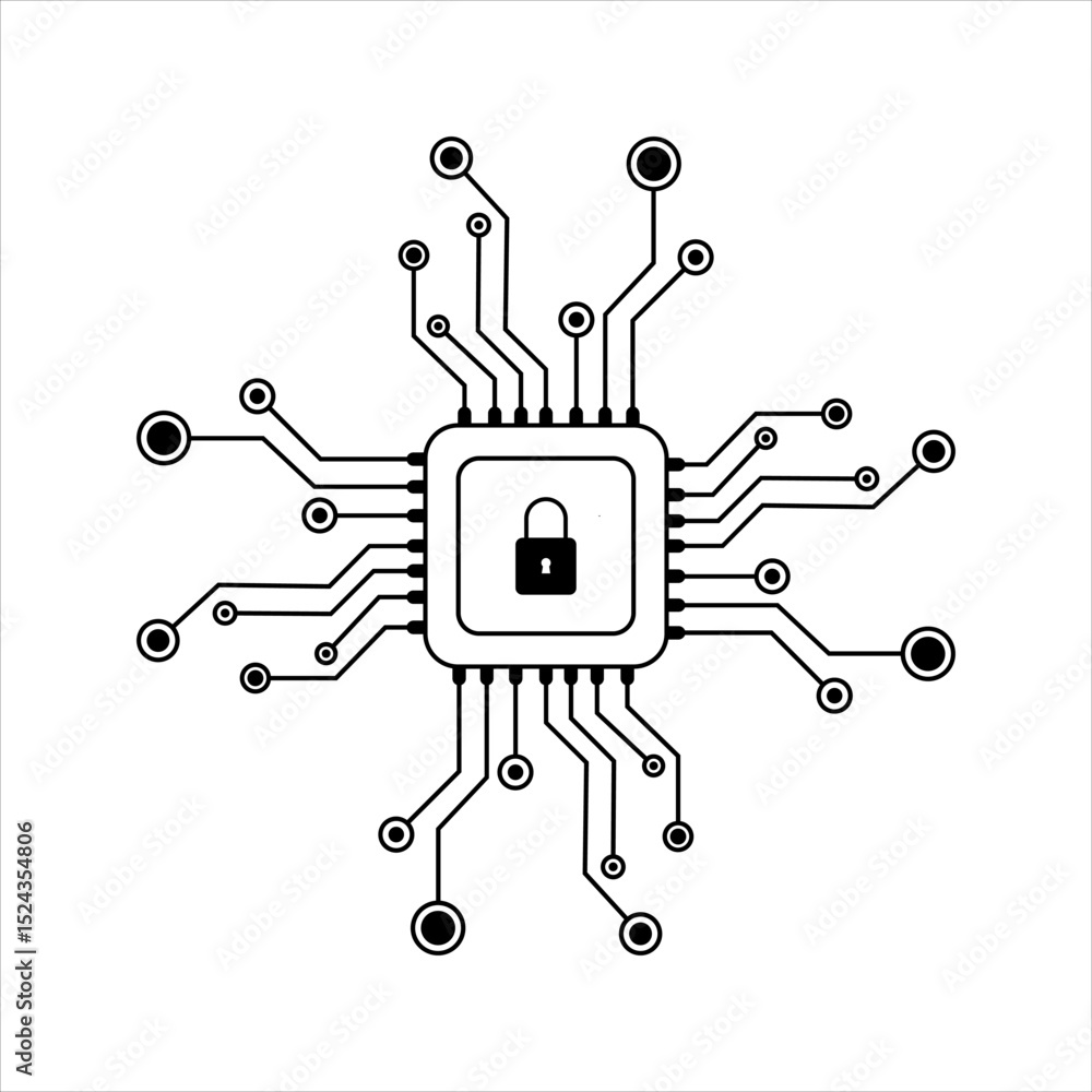 Poster lock and microcircuit. cybersecurity concept. vector icon isolated on white background.