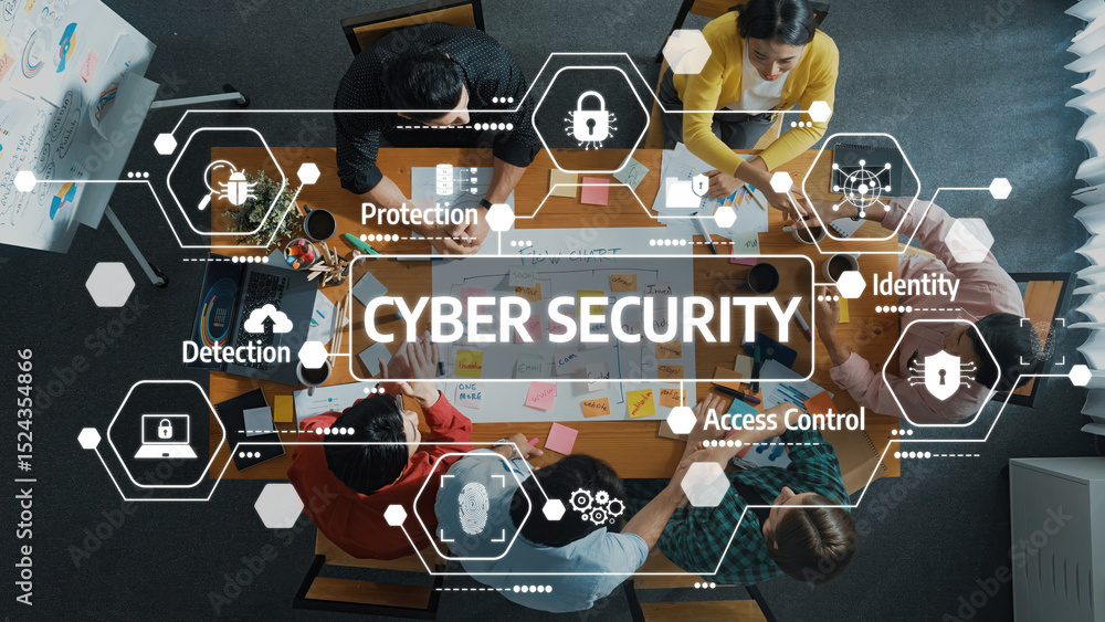 Poster a team collaboratively discusses cyber security strategies surrounding protection and access control