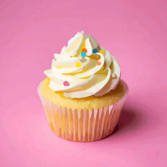 Cupcake with Sprinkles on Pink Background

