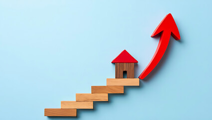 House on wooden stairs and red arrow rising upward