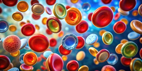 Colorful erythrocytes with distinctive shapes and sizes under microscope, showcasing various levels of fragmentation , microscopy, microorganisms