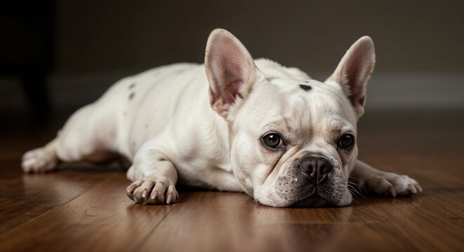 White French bulldog with black spots lying on hardwood floor in soft indoor lighting with realistic fur texture and natural pose, high-resolution studio pet photography