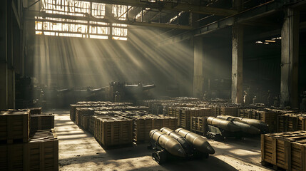 Sunlit warehouse with crates and military equipment under beams of light