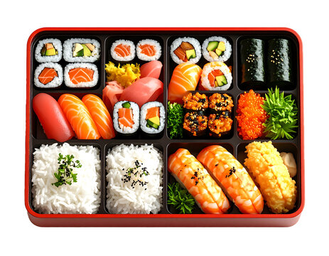 A vibrant array of assorted sushi rolls, sashimi, and other Japanese delicacies beautifully arranged inside a red bento box. Fresh seafood, rice.