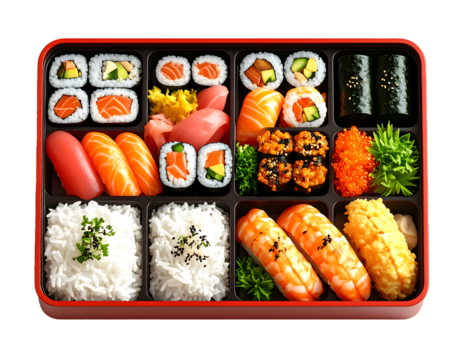 A vibrant array of assorted sushi rolls, sashimi, and other Japanese delicacies beautifully arranged inside a red bento box. Fresh seafood, rice.