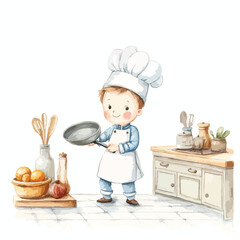 Watercolor Illustration of a Young Chef Holding a Frying Pan in Kitchen