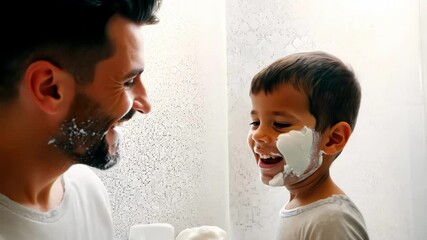 Bearded father teaches young son proper shaving technique in bright bathroom creating heartwarming family bonding moment with foam on faces and emotional connection - Powered by Adobe