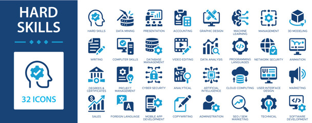 Hard skills flat icons collection. Computer skill, data mining, sales, degrees certificates, analytical, graphic design, programming languages, foreign language sign set.
